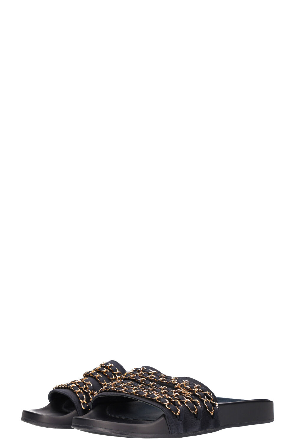 CHANEL Chain Slippers Satin Navy