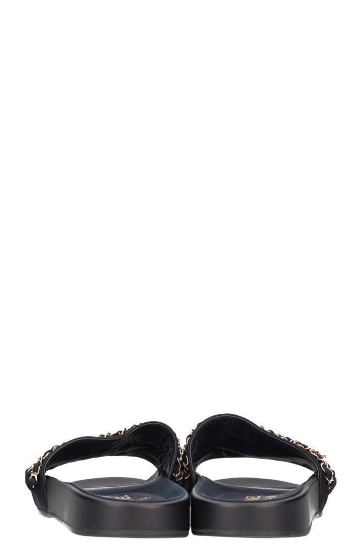 CHANEL Chain Slippers Satin Navy