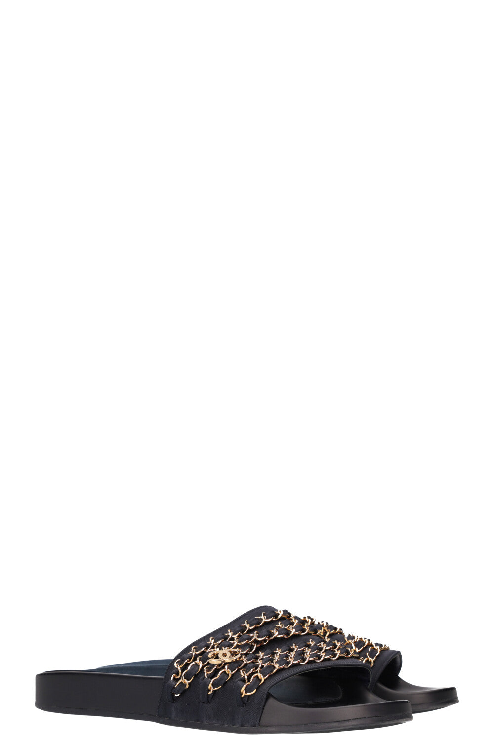 CHANEL Chain Slippers Satin Navy