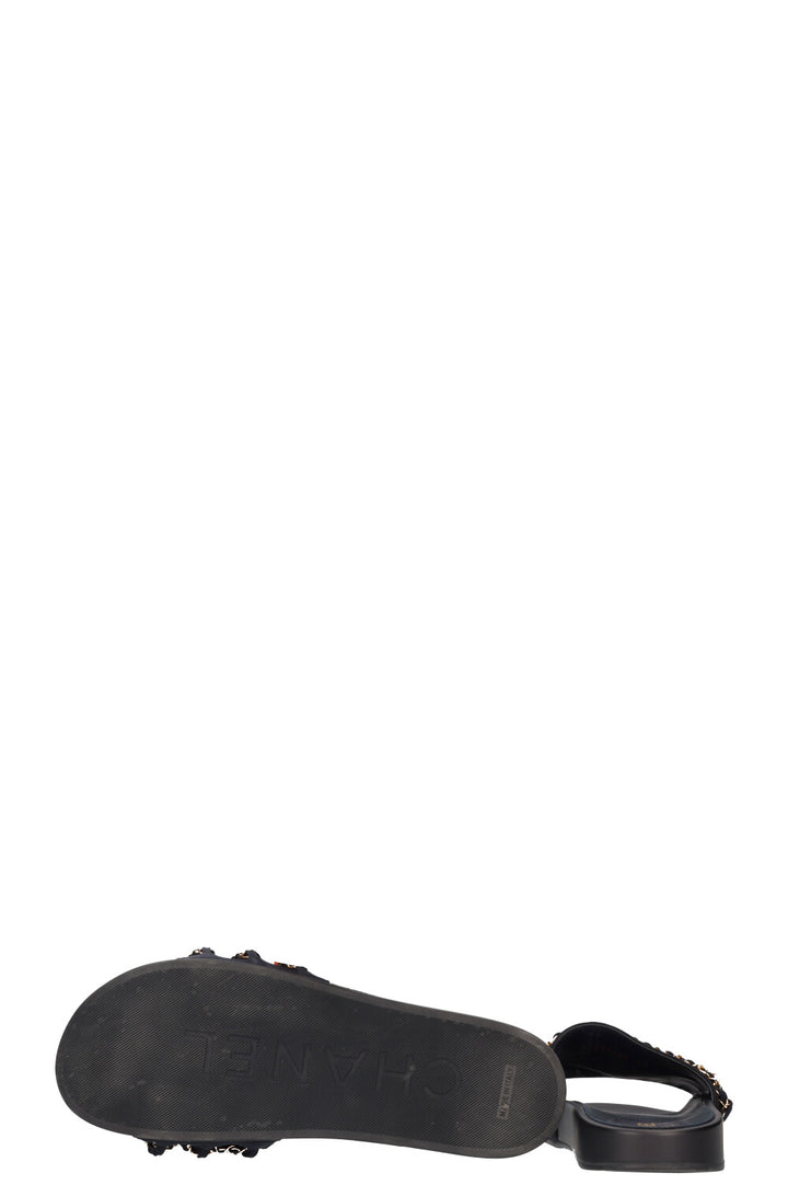 CHANEL Chain Slippers Satin Navy