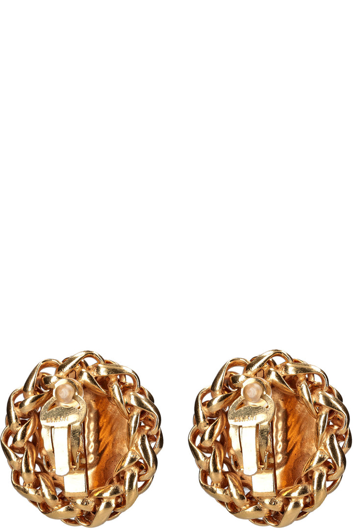 CHANEL Metal Chain Link Wheat Medallion CC Earrings Gold Plated