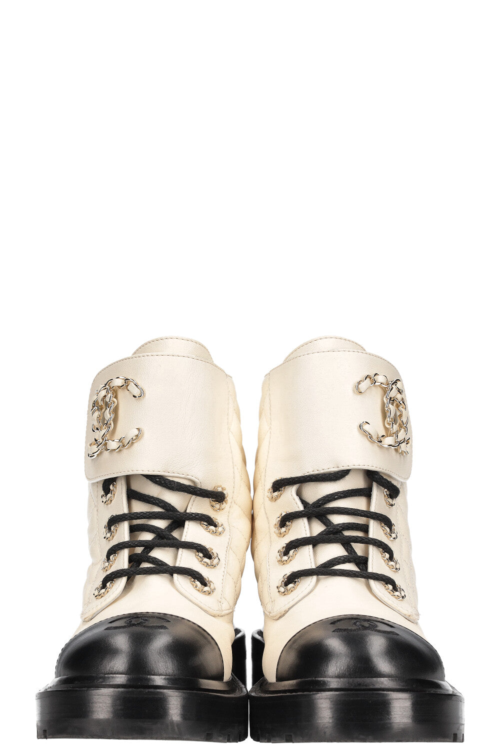 CHANEL Quilted CC Ankle Boots White Black