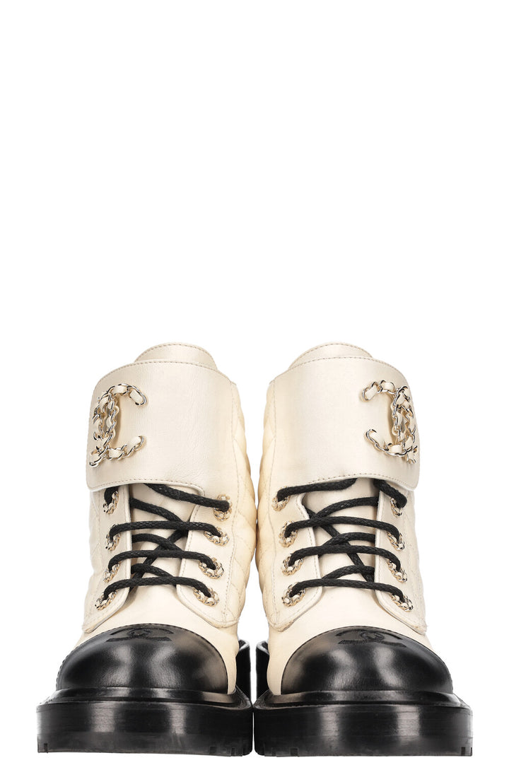 CHANEL Quilted CC Ankle Boots White Black