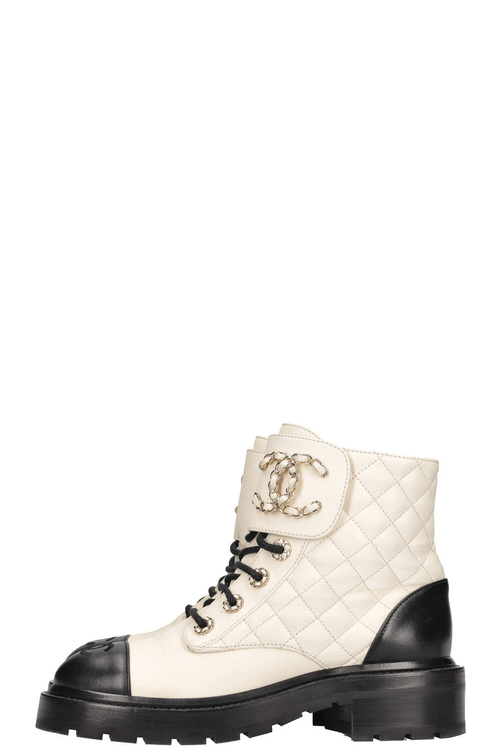 CHANEL Quilted CC Ankle Boots White Black