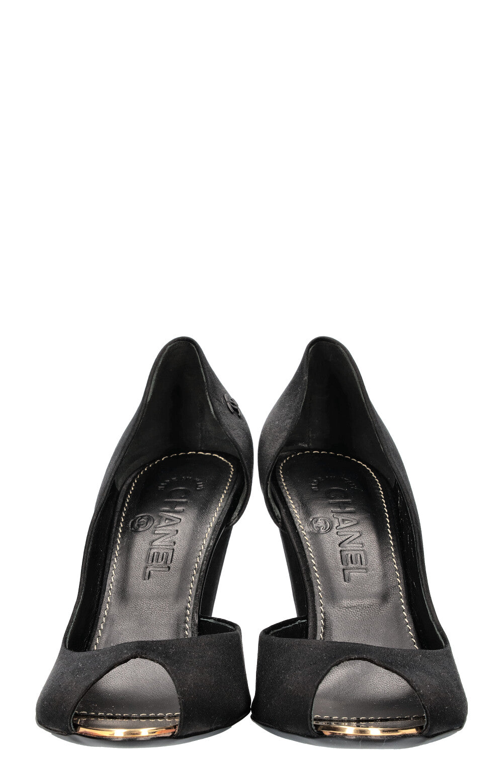 CHANEL Heels Peeptoe Satin Black