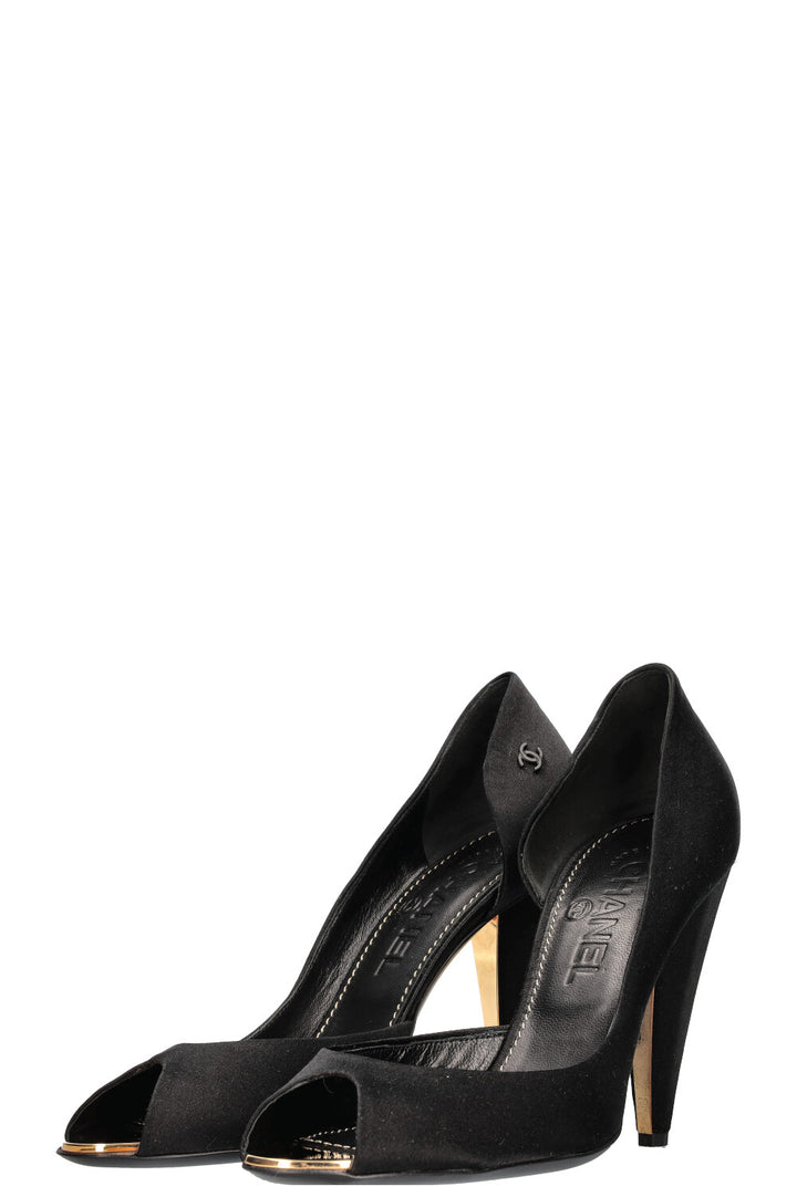 CHANEL Heels Peeptoe Satin Black