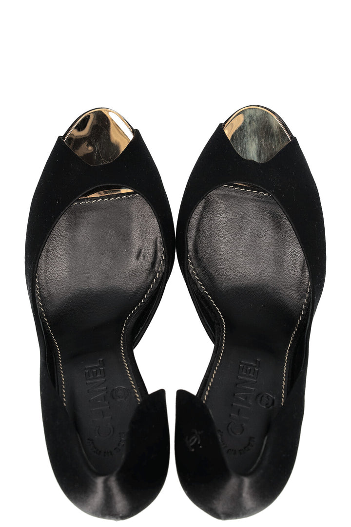 CHANEL Heels Peeptoe Satin Black