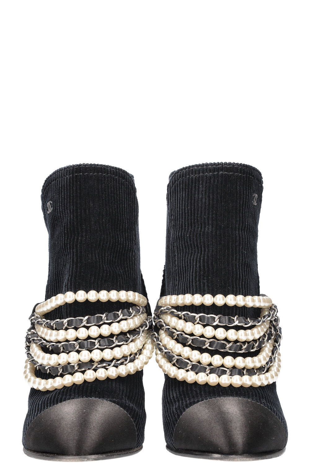 CHANEL Boots with Pearl Chain Cord & Satin Navy