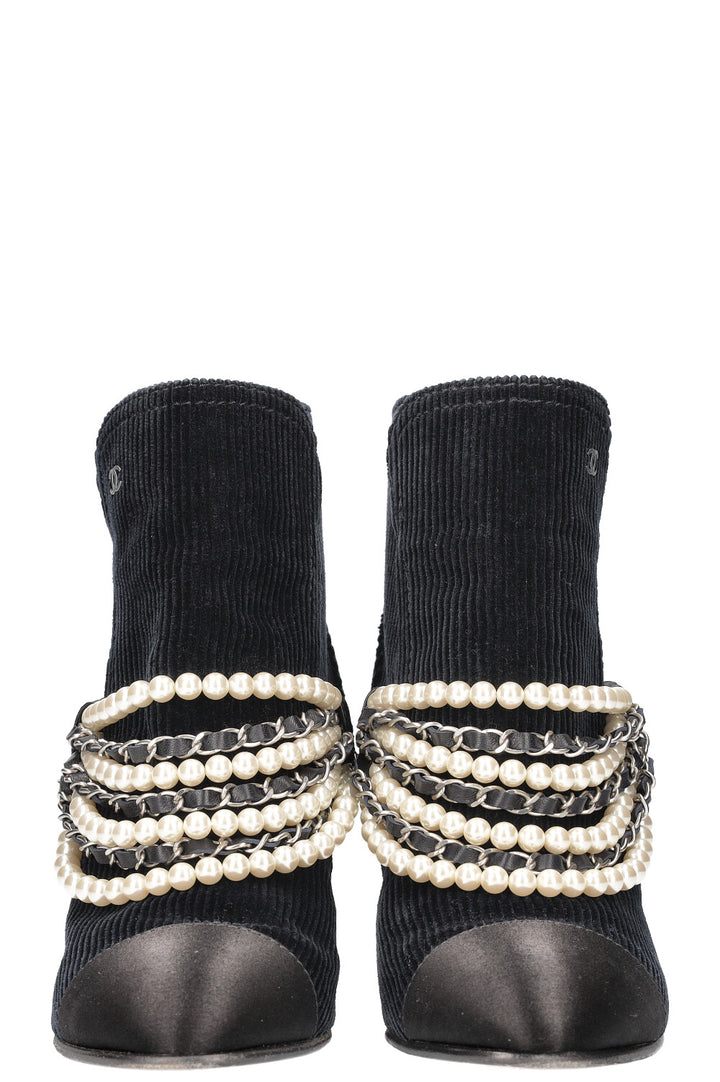 CHANEL Boots with Pearl Chain Cord & Satin Navy