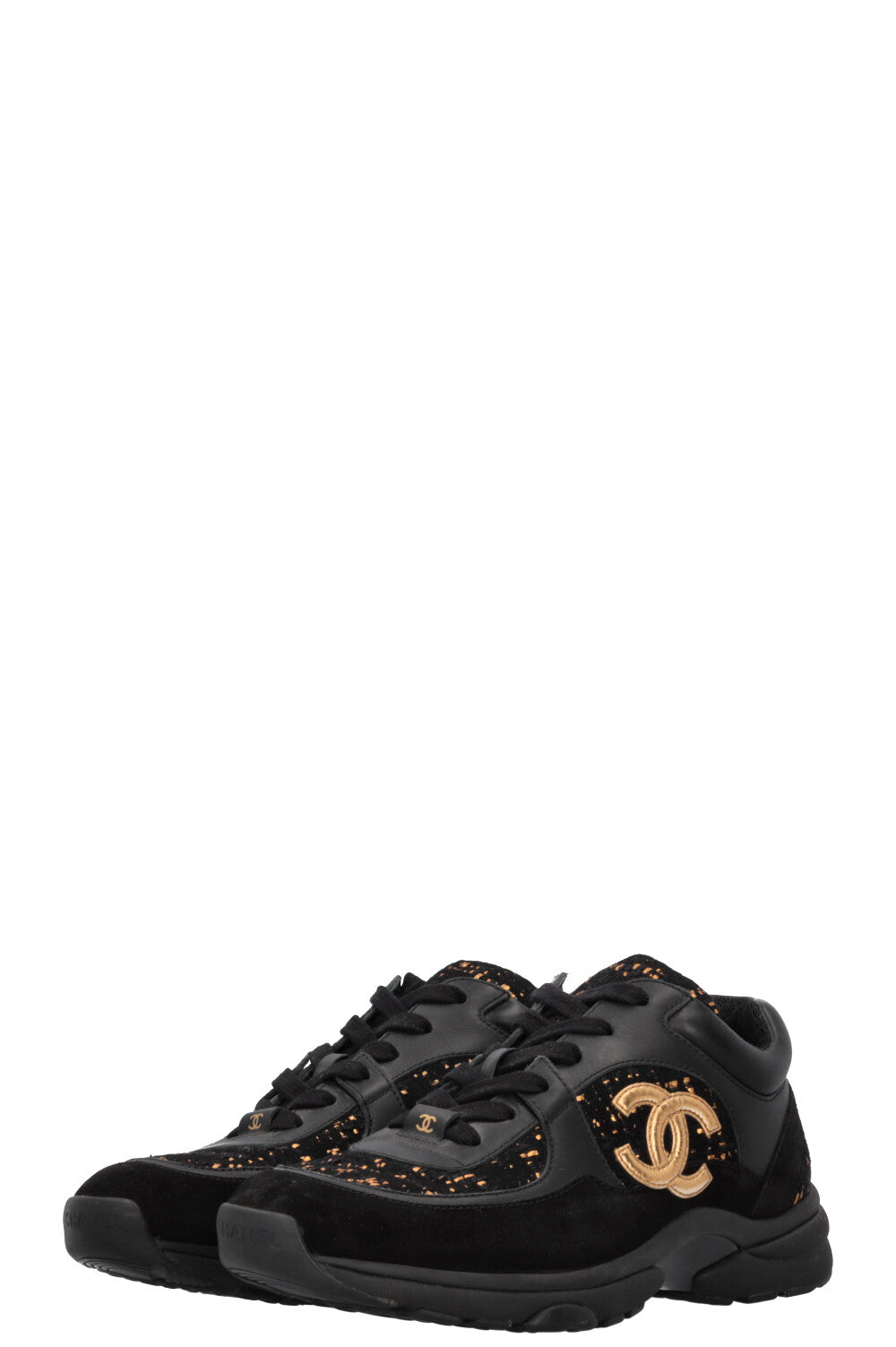 CHANEL Tennis Sneakers Tweed Black Gold