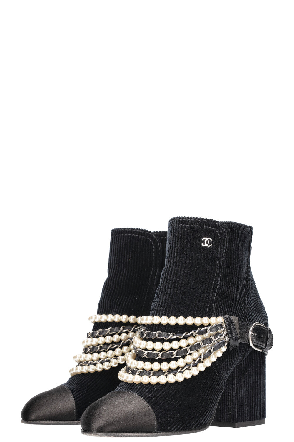 CHANEL Boots with Pearl Chain Cord & Satin Navy