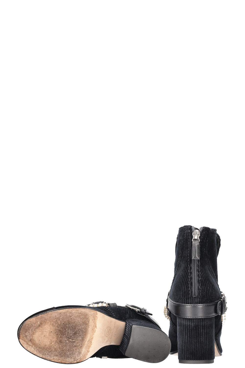 CHANEL Boots with Pearl Chain Cord & Satin Navy