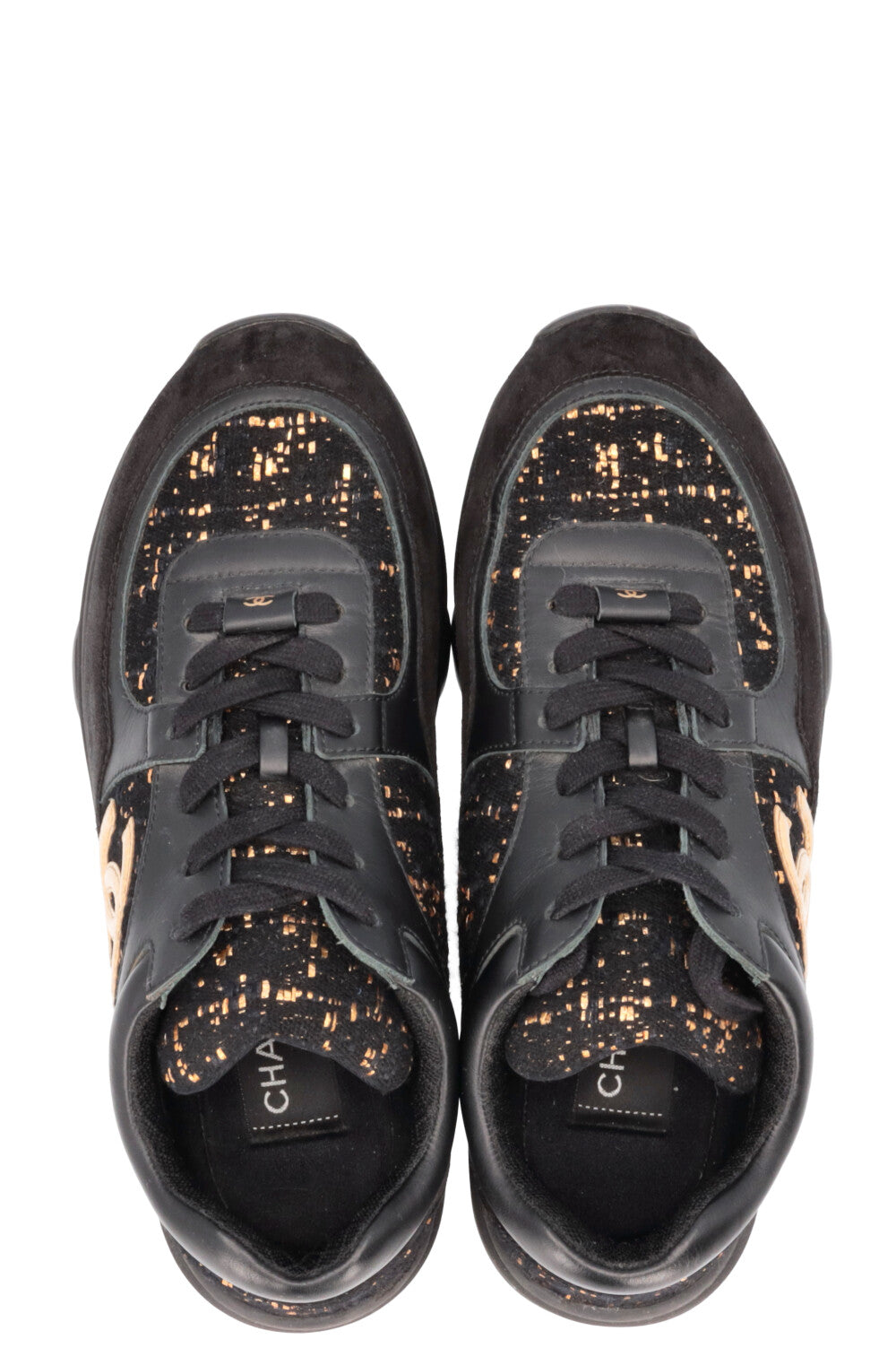 CHANEL Tennis Sneakers Tweed Black Gold