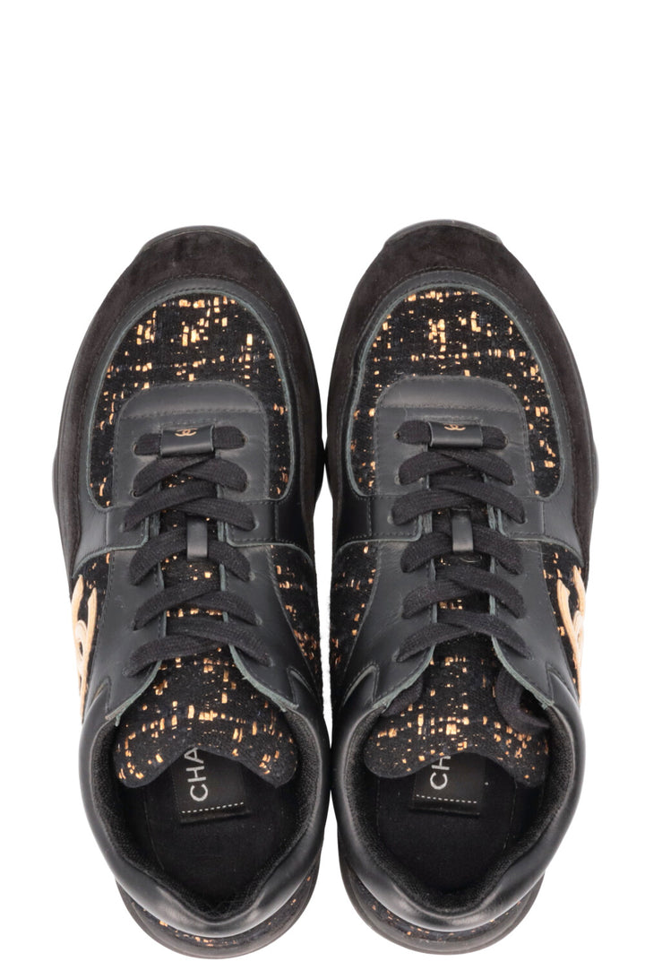 CHANEL Tennis Sneakers Tweed Black Gold