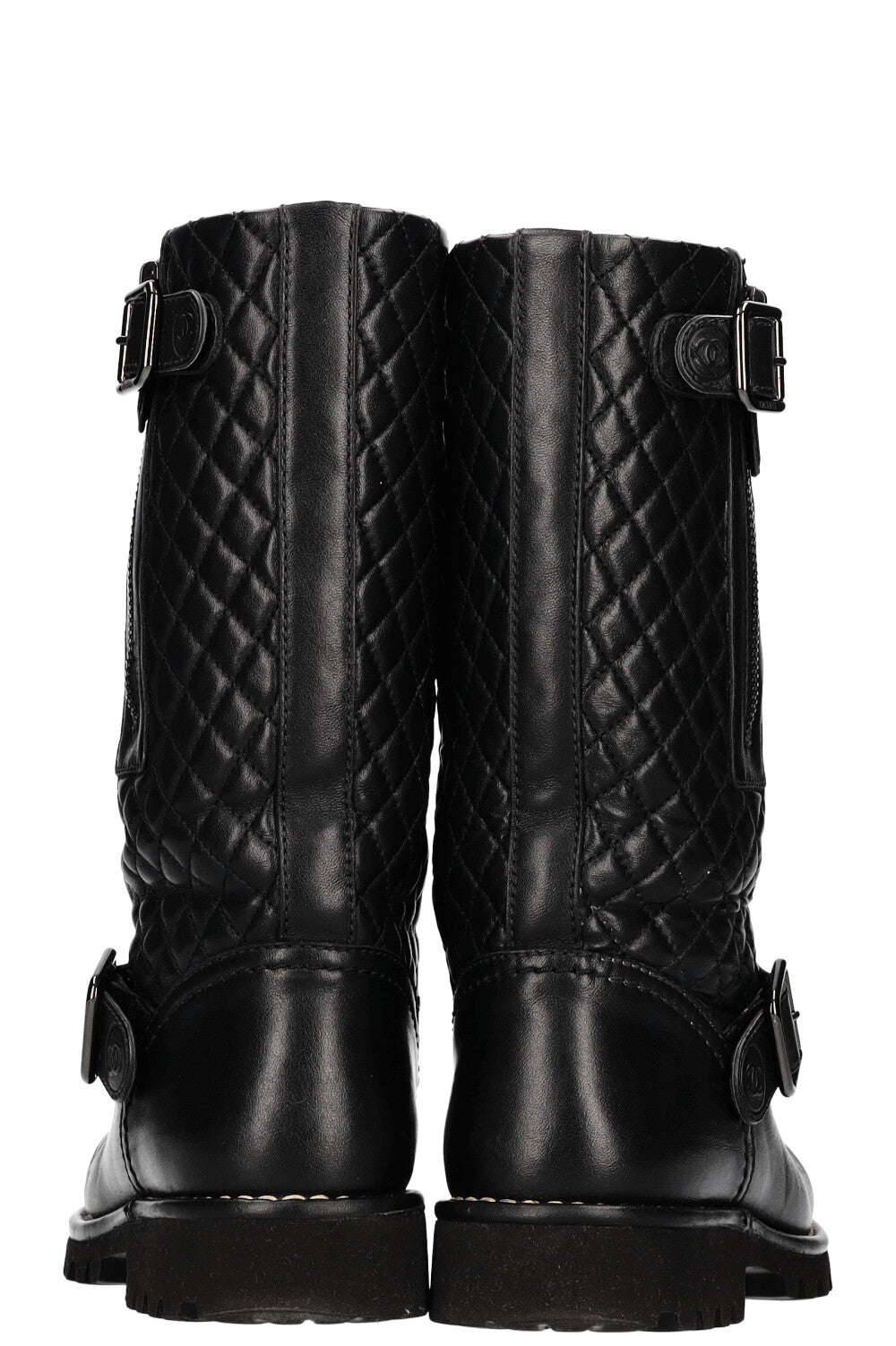 CHANEL Quilted Motorcycle Boots Black Leather