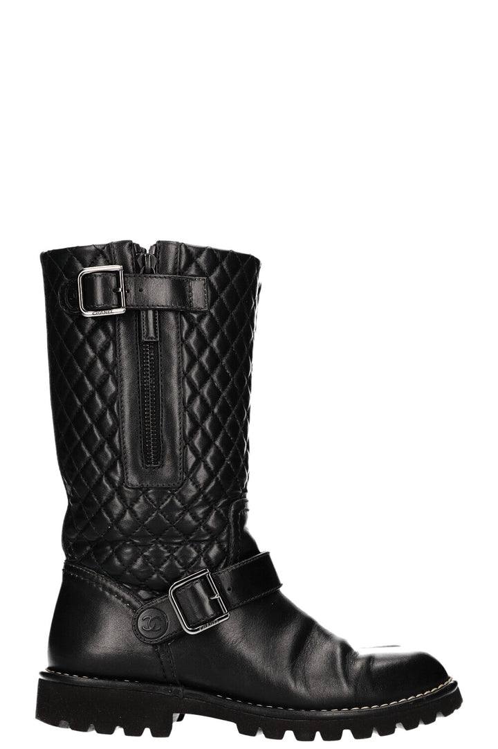 CHANEL Quilted Motorcycle Boots Black Leather