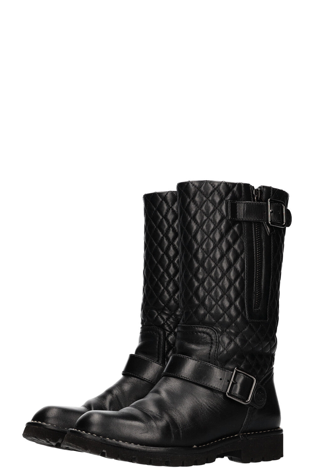 CHANEL Quilted Motorcycle Boots Black Leather