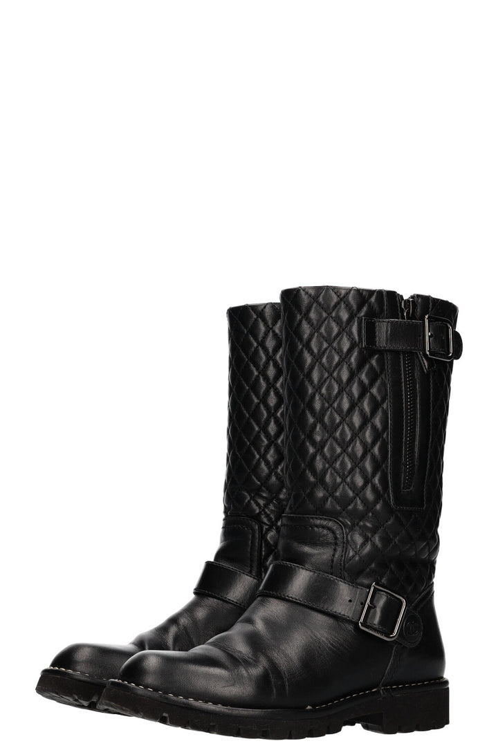 CHANEL Quilted Motorcycle Boots Black Leather
