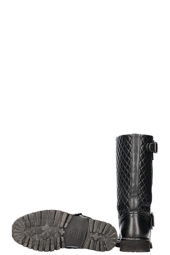 CHANEL Quilted Motorcycle Boots Black Leather