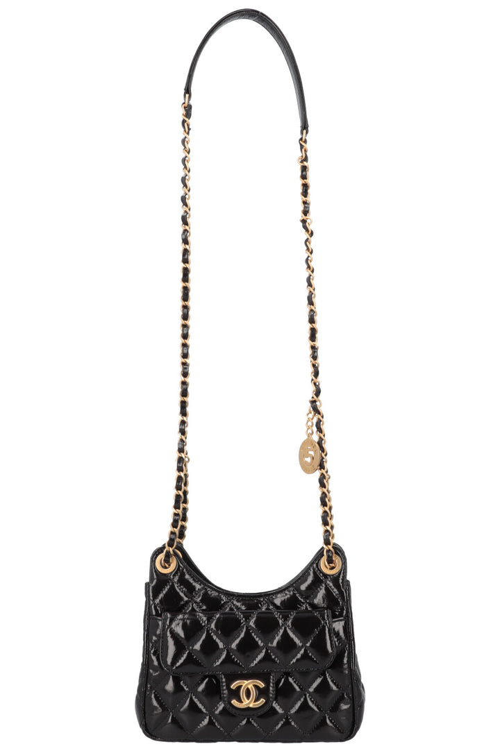 CHANEL Hobo Crossbody Bag Patent Black