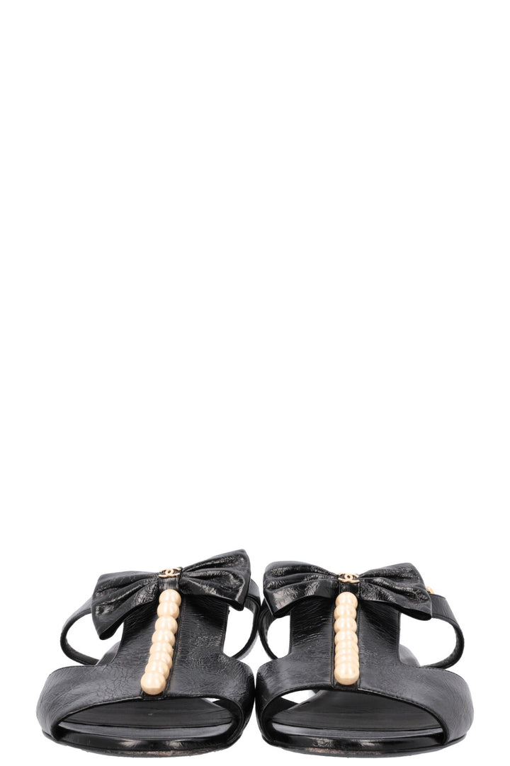 CHANEL Pearl Embellished Bow Sandals Black Patent