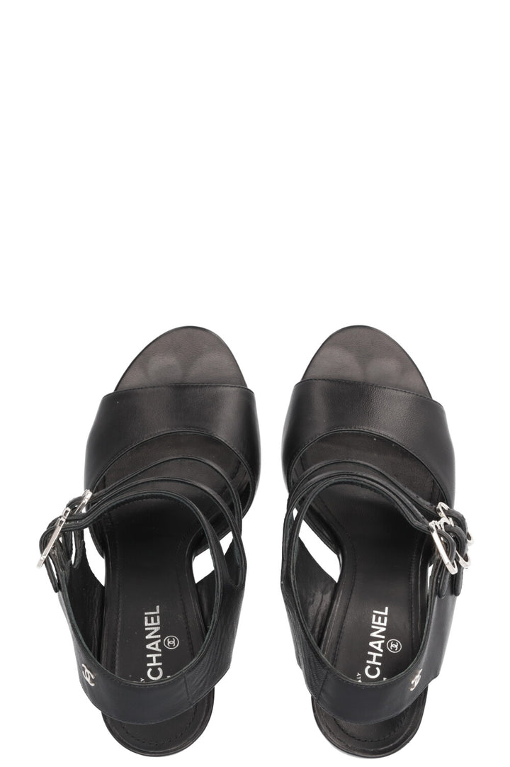 CHANEL Strap Sandal Heels Black Silver
