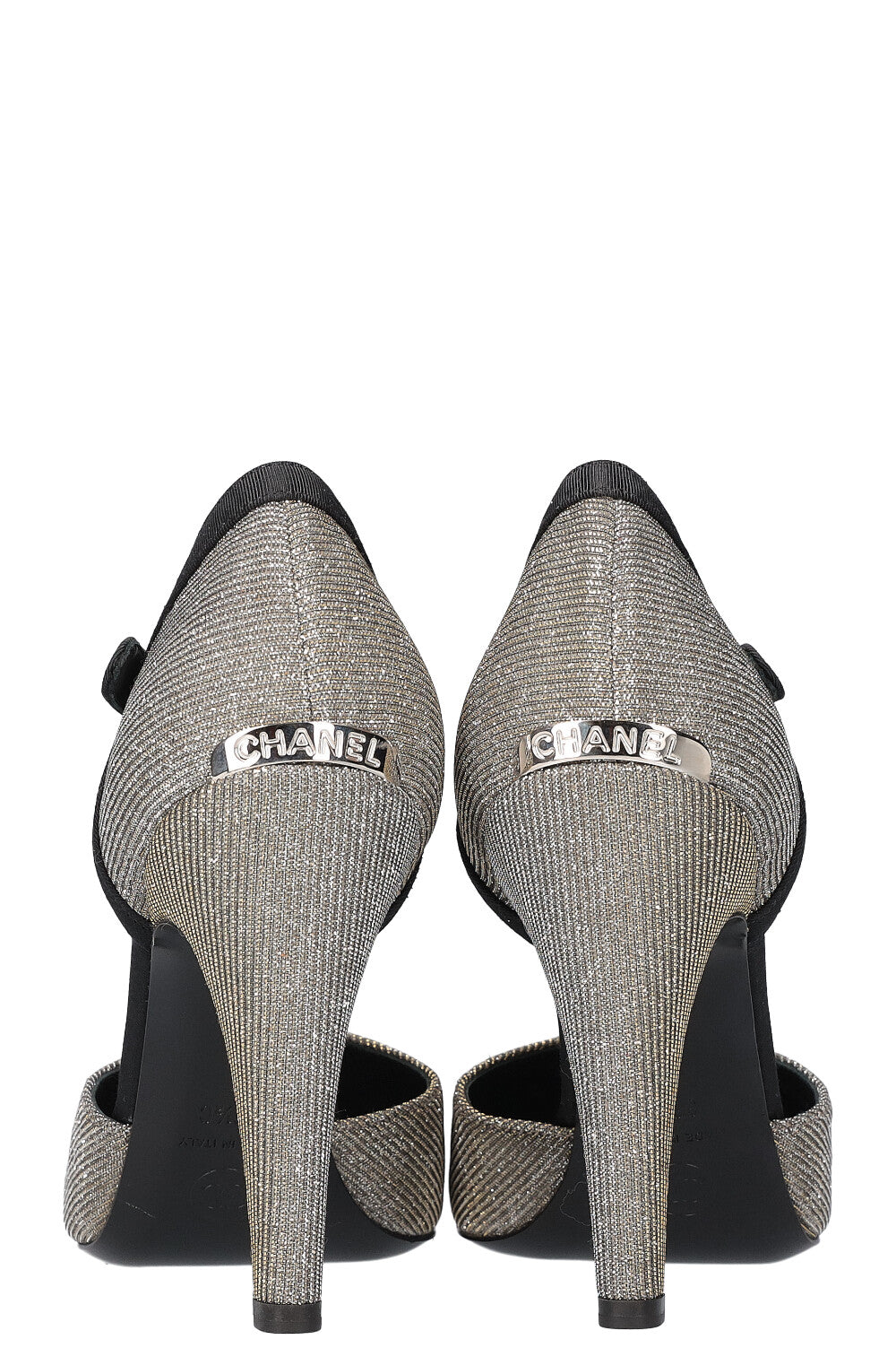 CHANEL Heels Glitter Grosgrain Black Silver