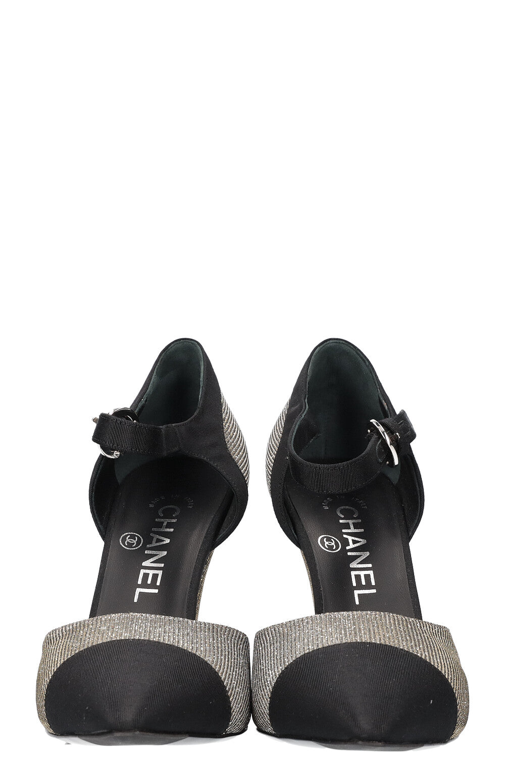 CHANEL Heels Glitter Grosgrain Black Silver