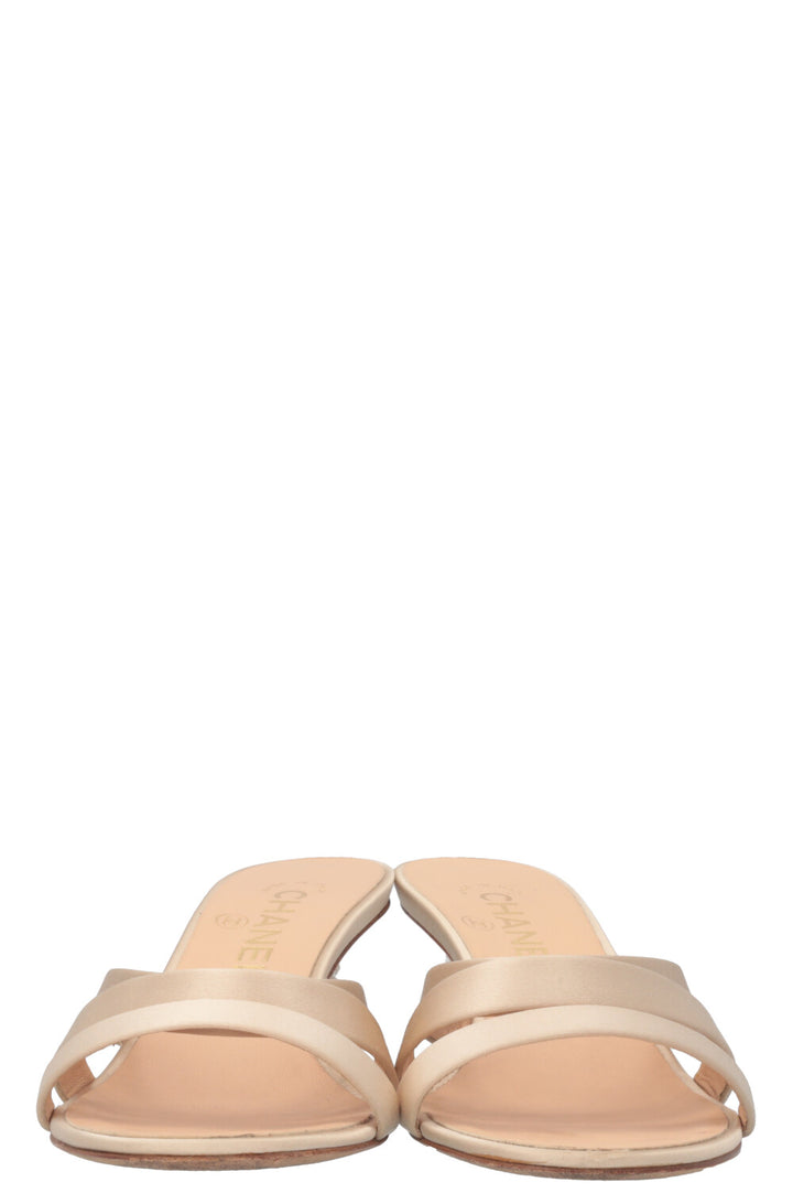 CHANEL CC Pearl Heels Satin Beige