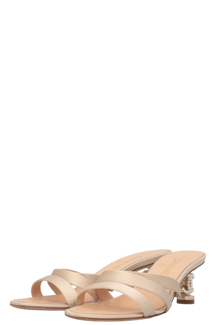 CHANEL CC Pearl Heels Satin Beige