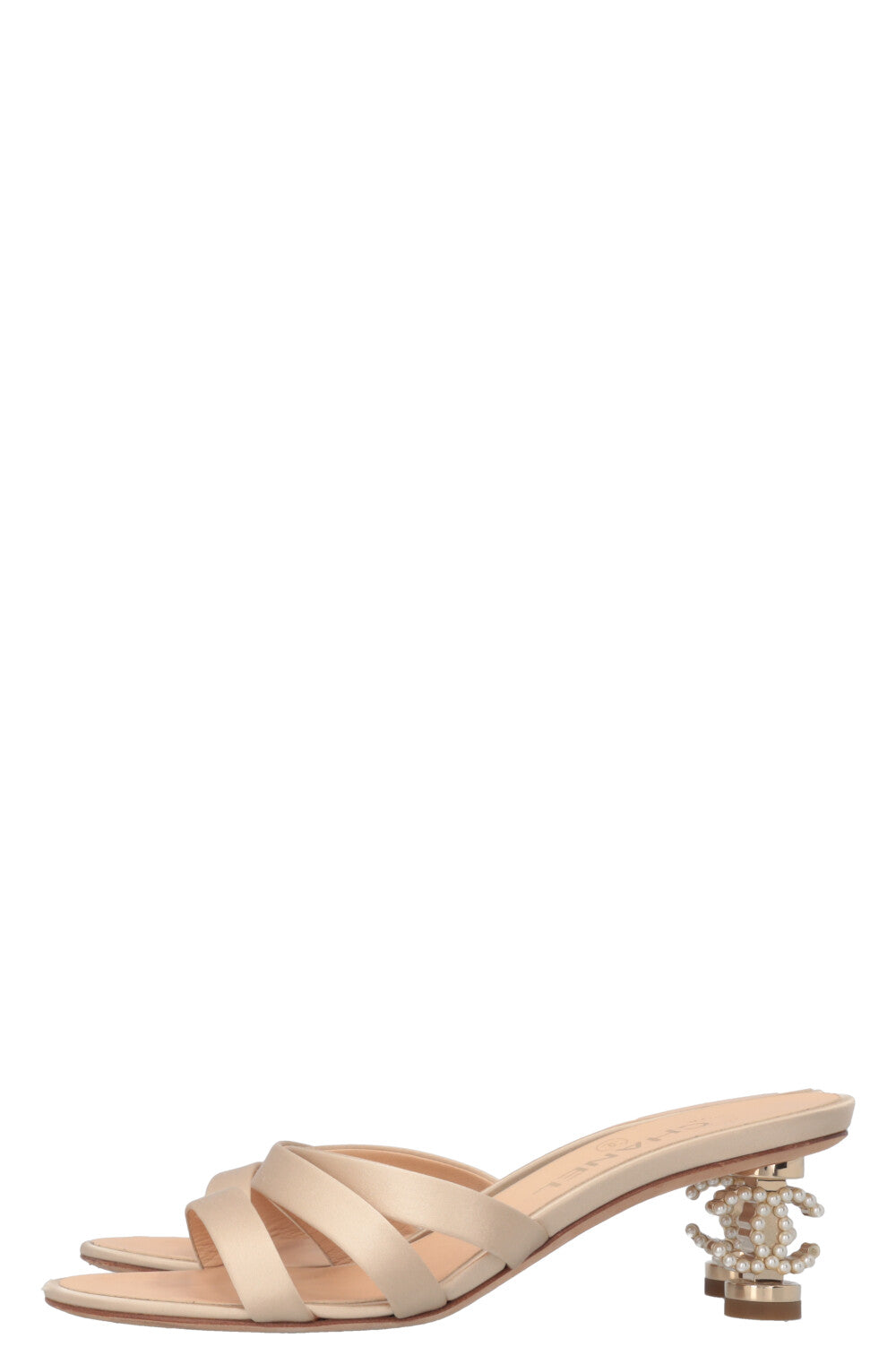CHANEL CC Pearl Heels Satin Beige