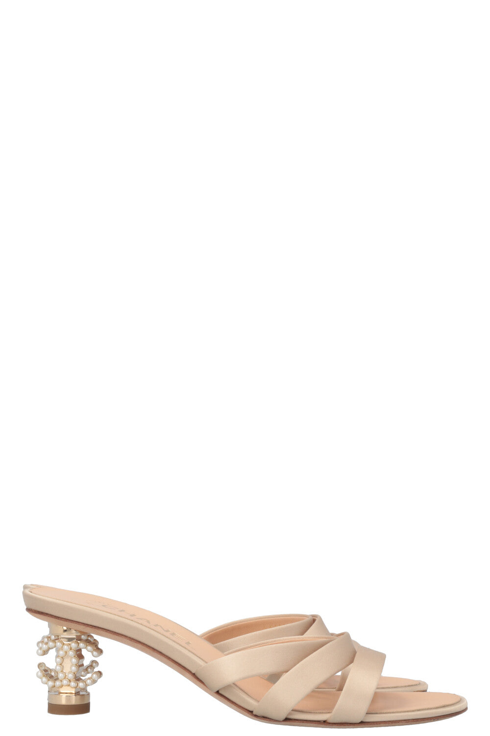 CHANEL CC Pearl Heels Satin Beige