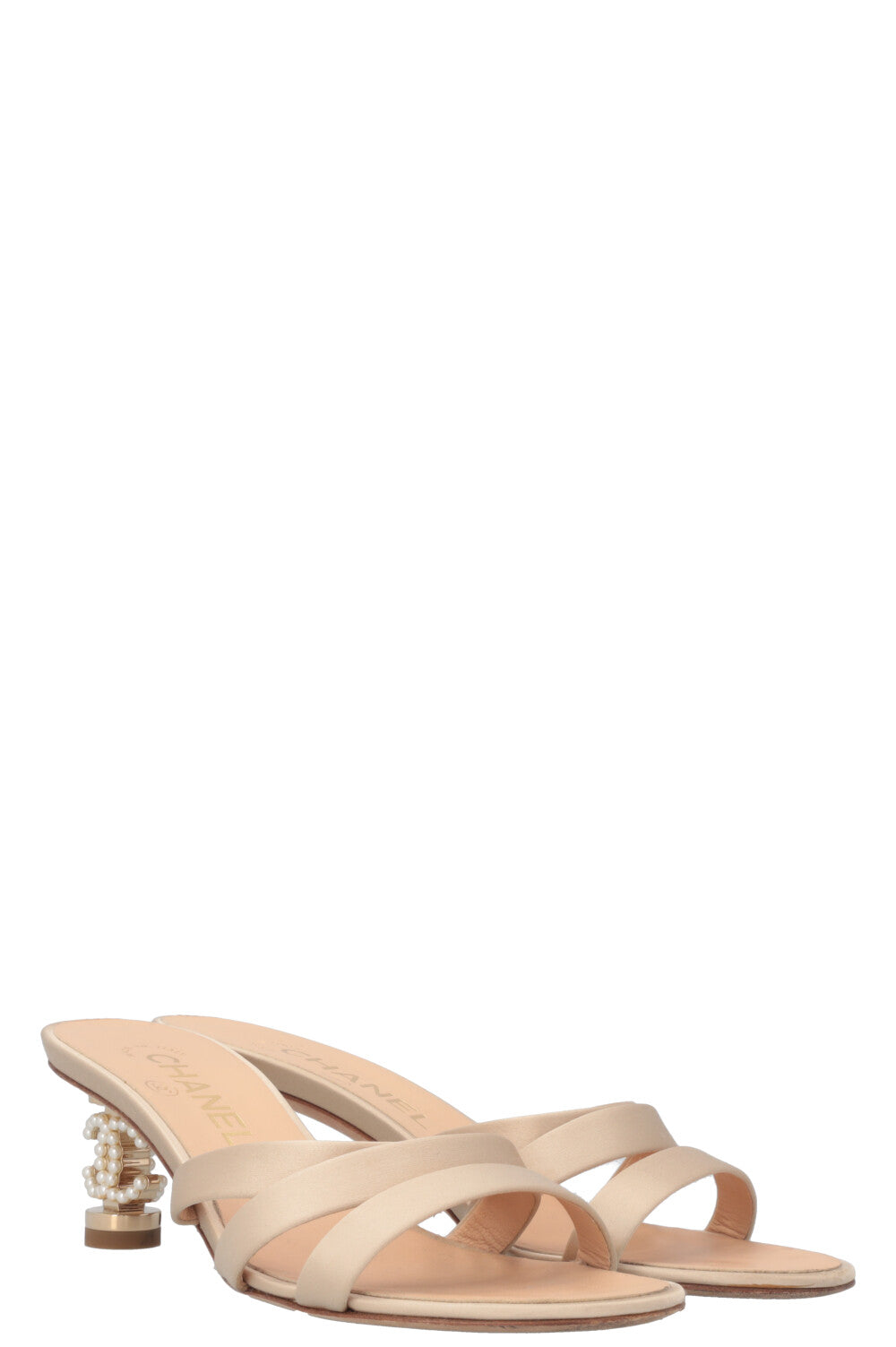 CHANEL CC Pearl Heels Satin Beige