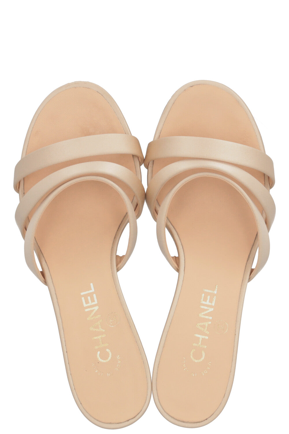 CHANEL CC Pearl Heels Satin Beige