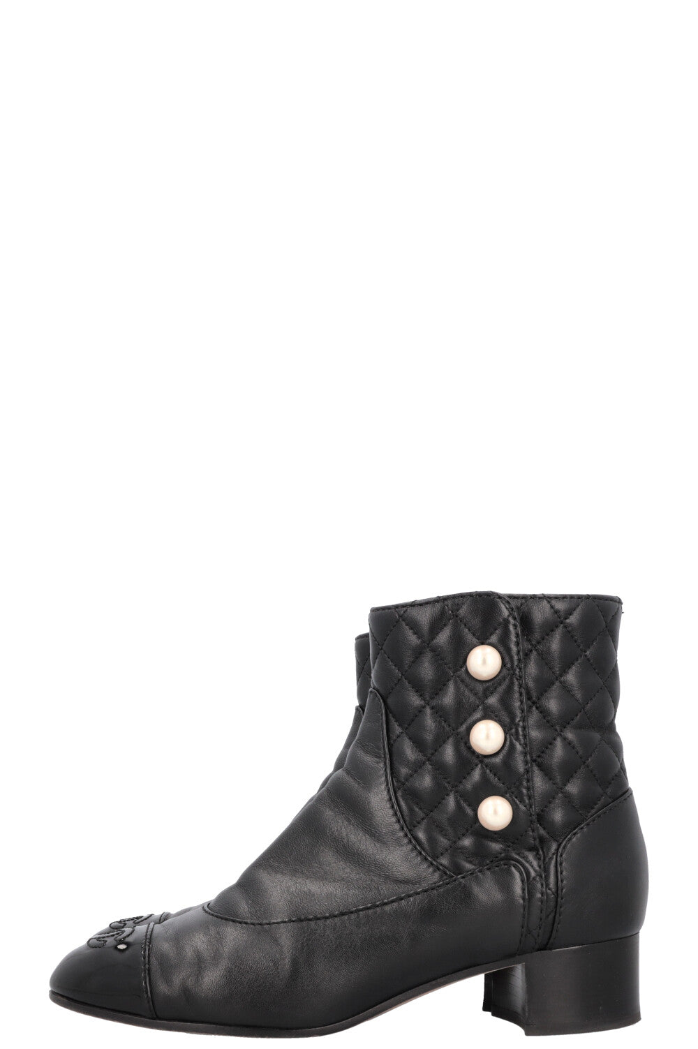 CHANEL Quilted Pearl Boots Leather Black