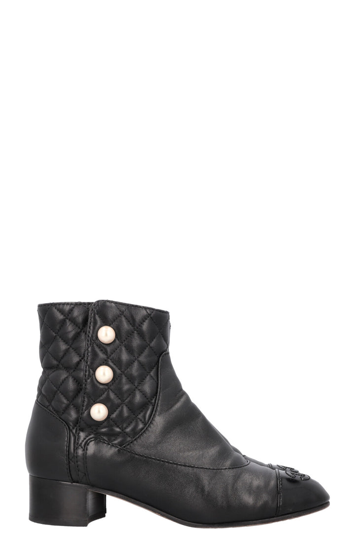 CHANEL Quilted Pearl Boots Leather Black