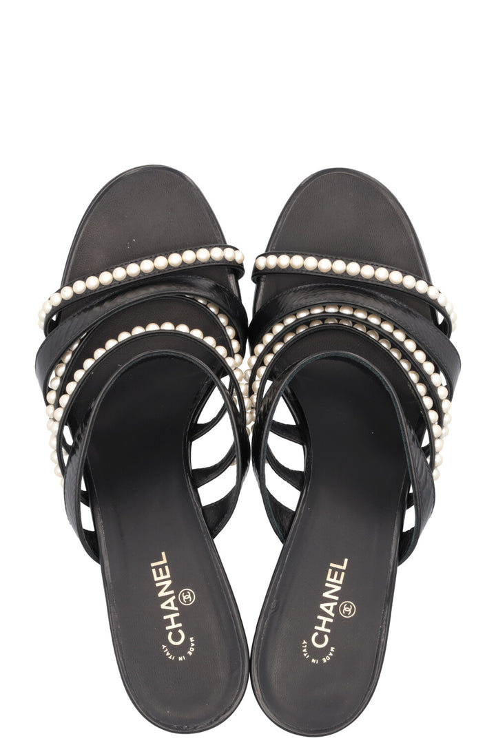 CHANEL Pearl Mules Leather Black