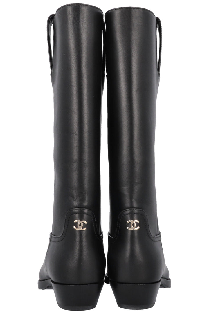 CHANEL Cowboy Boots Leather Black