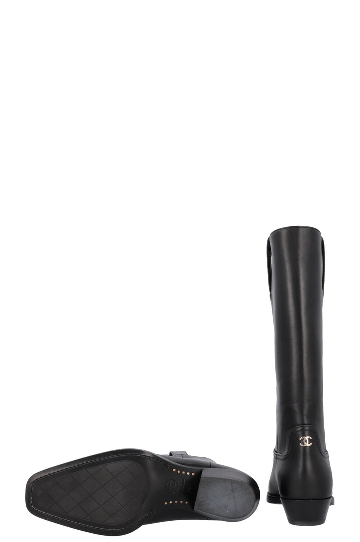CHANEL Cowboy Boots Leather Black