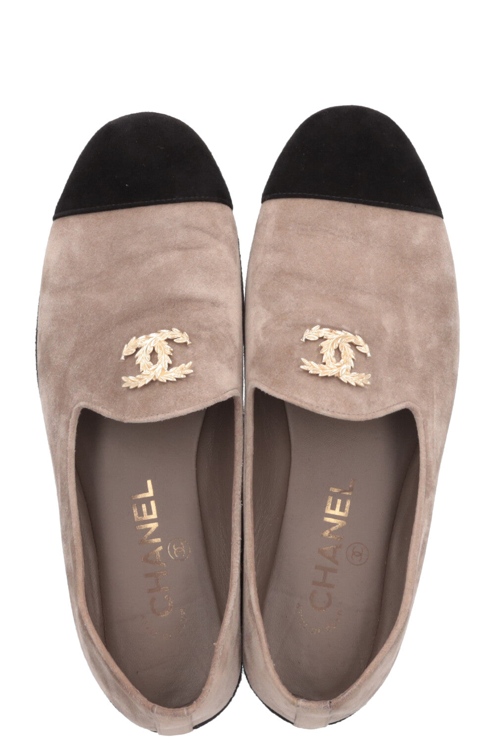 CHANEL CC Flats Suede Greige Black