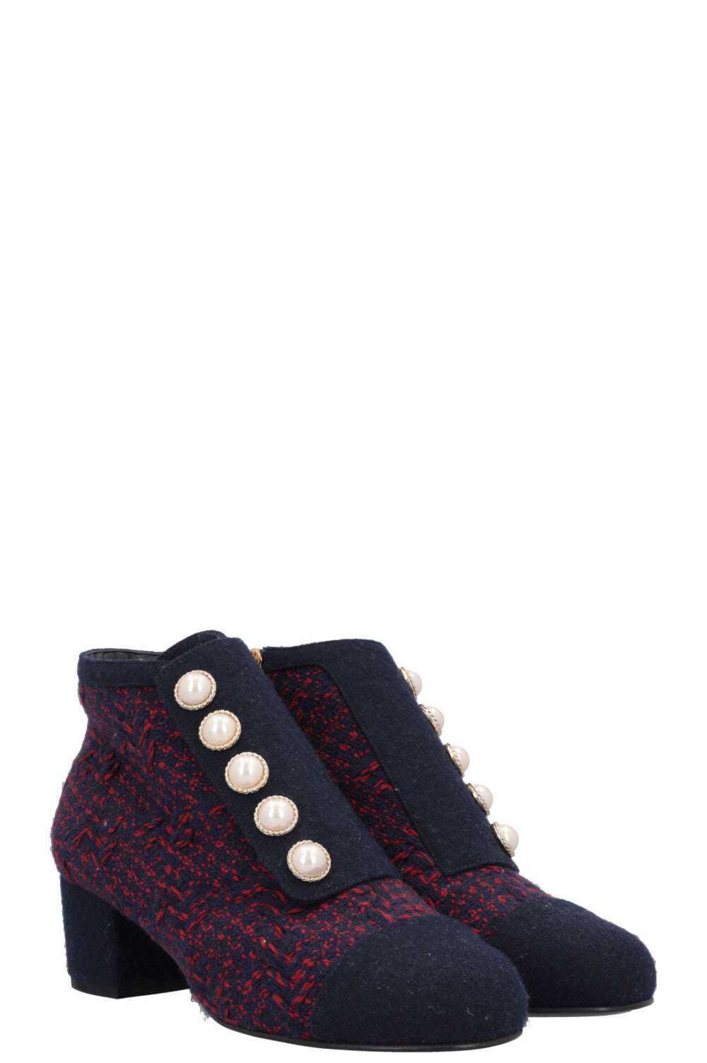 CHANEL Bottes en tweed bleu marine rouge perle