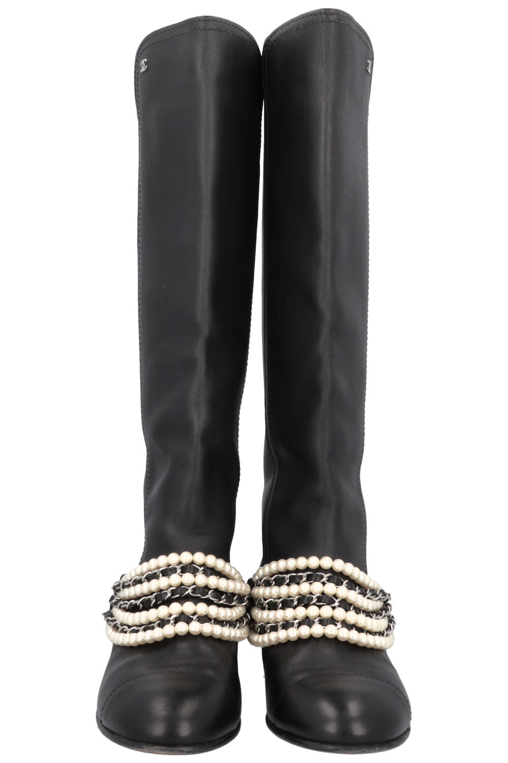CHANEL 2018 Pearl Knee High Riding Boots Black