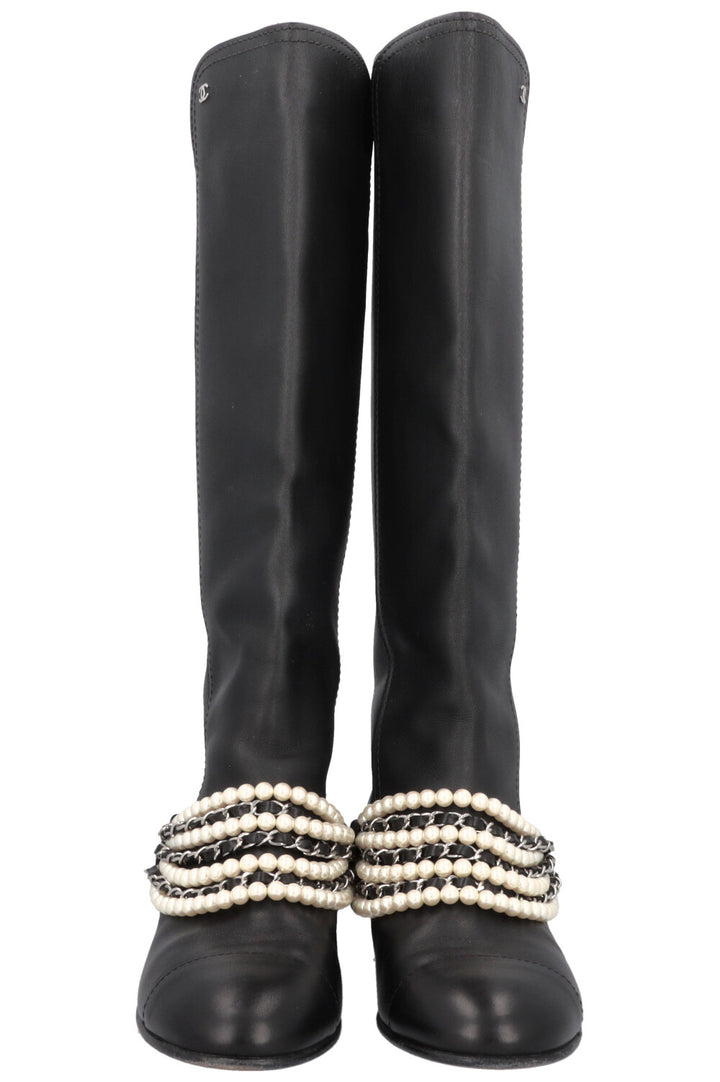 CHANEL 2018 Pearl Knee High Riding Boots Black