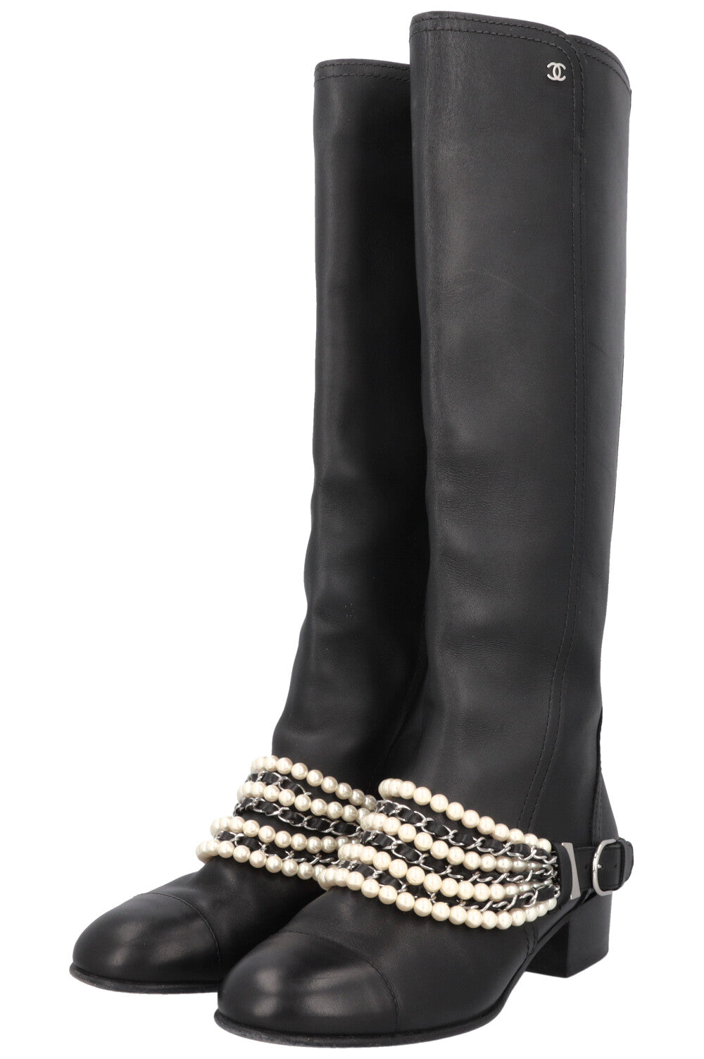 CHANEL 2018 Pearl Knee High Riding Boots Black
