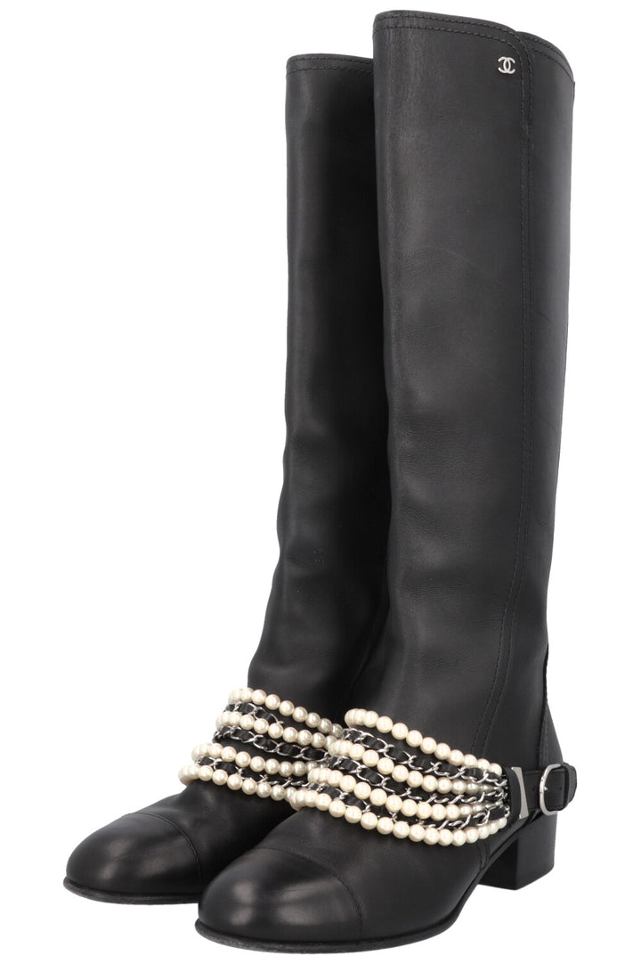 CHANEL 2018 Pearl Knee High Riding Boots Black