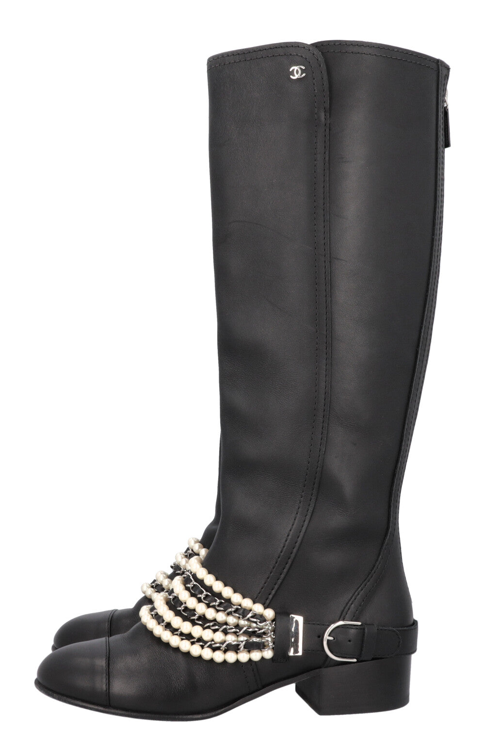 CHANEL 2018 Pearl Knee High Riding Boots Black