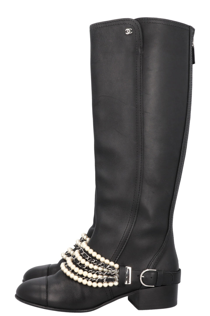 CHANEL 2018 Pearl Knee High Riding Boots Black