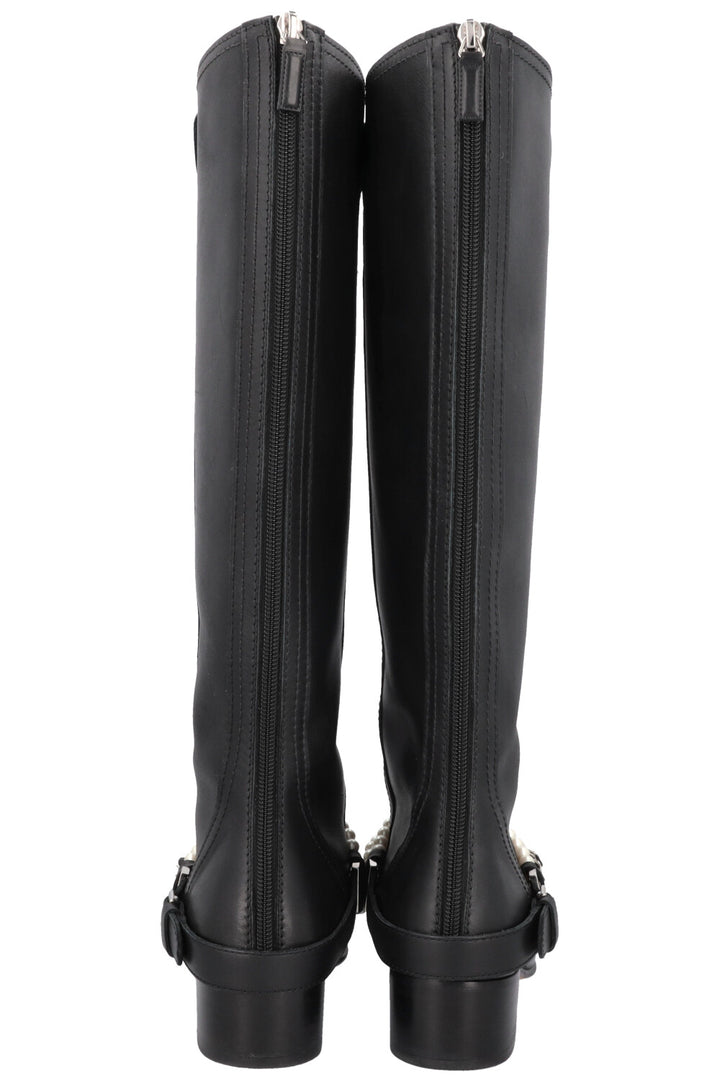 CHANEL 2018 Pearl Knee High Riding Boots Black