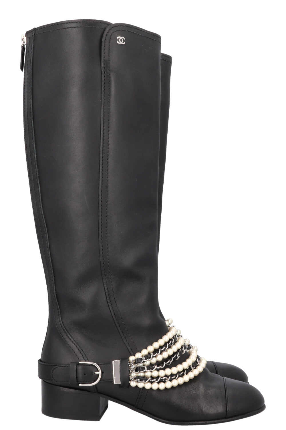 CHANEL 2018 Pearl Knee High Riding Boots Black
