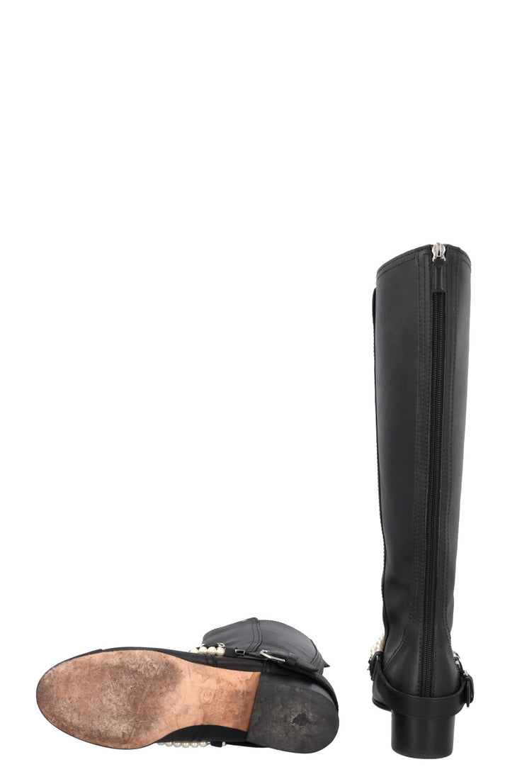 CHANEL 2018 Pearl Knee High Riding Boots Black